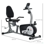 HOMCOM Bicicletă de Exerciții Înclinată Orizontală cu 8 Nivele de Rezistență, Monitor LCD și Scaun Reglabil, 122-137x62x103 cm, Gri | Aosom Romania
