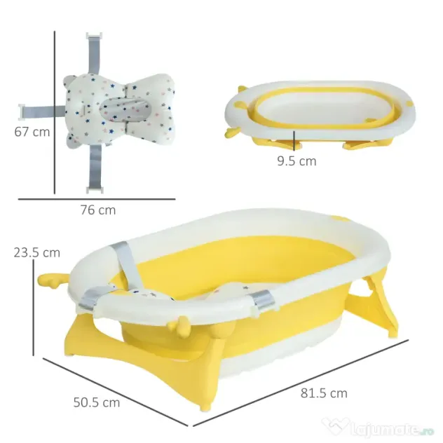 HOMCOM Cadă Pliabilă pentru Bebeluși 0-3 Ani, cu Indicator de Temperatură și Pernuță, Alb, 81.5x50.5x23.5 cm, Design Ergonomic | Aosom Romania