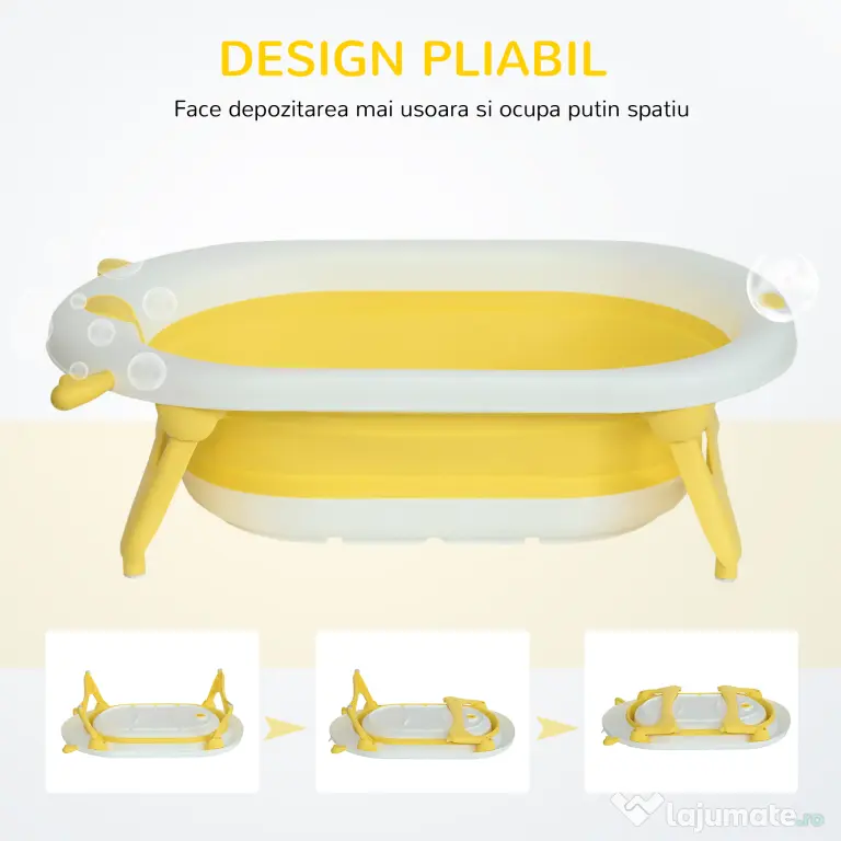 HOMCOM Cadă Pliabilă pentru Bebeluși 0-3 Ani, cu Indicator de Temperatură și Pernuță, Alb, 81.5x50.5x23.5 cm, Design Ergonomic | Aosom Romania