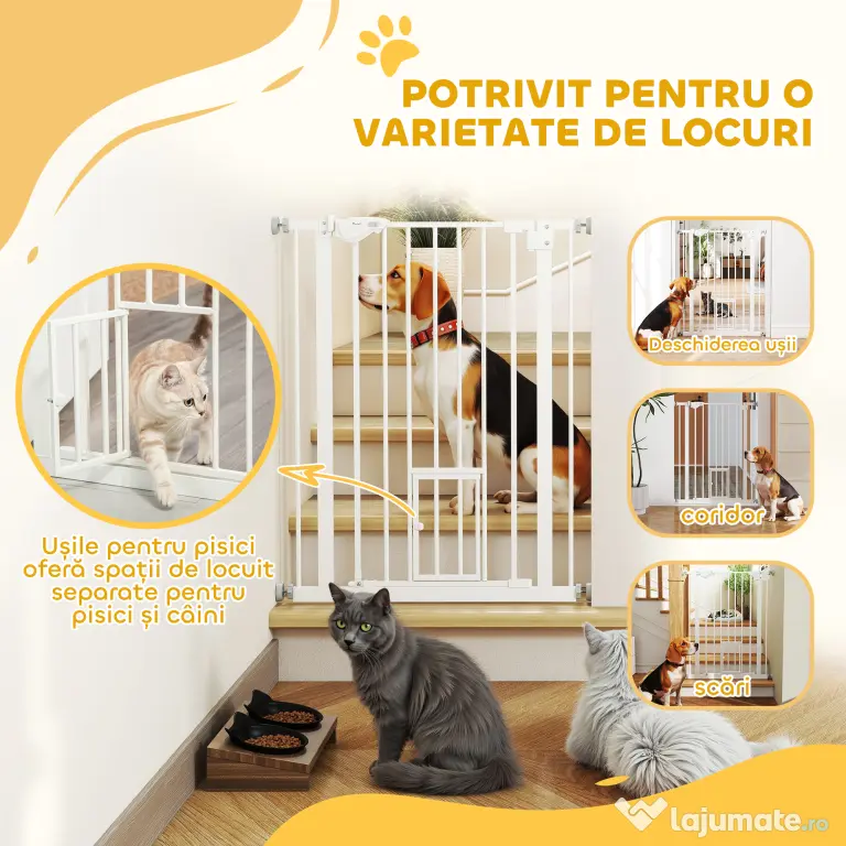 PawHut Poartă Reglabilă pentru Câini cu Ușă Mică și Montaj prin Presiune, 74-80x91.4 cm, Alb | Aosom Romania