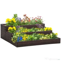 Outsunny Pat de gradina inaltat cu 3 niveluri din ratan sintetic fara fund pentru plante si legume, 120x120x40cm, gri