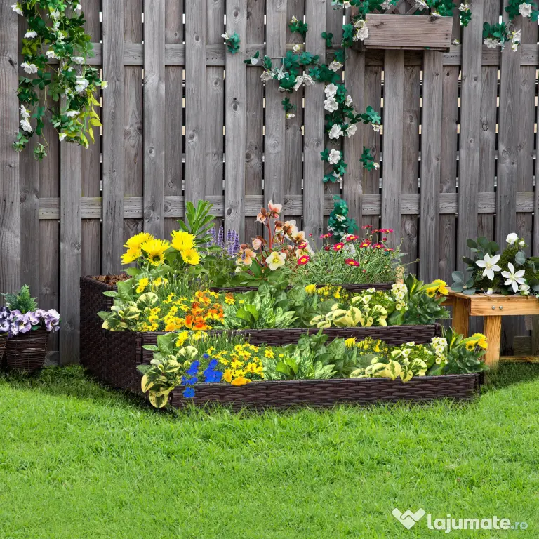 Pat de Gradina Inaltat Outsunny cu 3 Niveluri, Jardiniera din Ratan Sintetic, 120x120x40cm, Gri | Aosom Romania