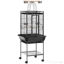 PawHut Colivie pentru Perusi cu 2 Stinghii de Lemn si Scara Acuita, Cusca pentru Pasari din Otel cu Intrari Multiple, 62.5x62.5x156 cm, Gri