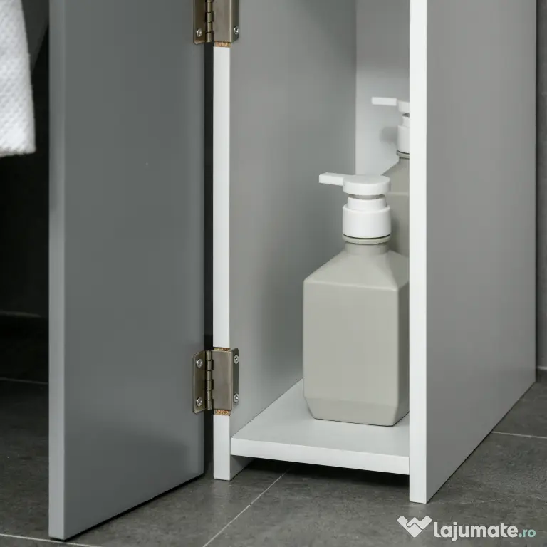 kleankin Dulap Coloană Baie cu 2 Rafturi și 2 Dulăpioare, Alb și Gri | Aosom Romania