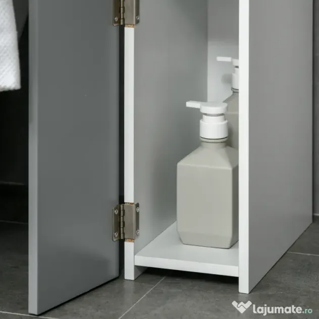kleankin Dulap Coloană Baie cu 2 Rafturi și 2 Dulăpioare, Alb și Gri | Aosom Romania