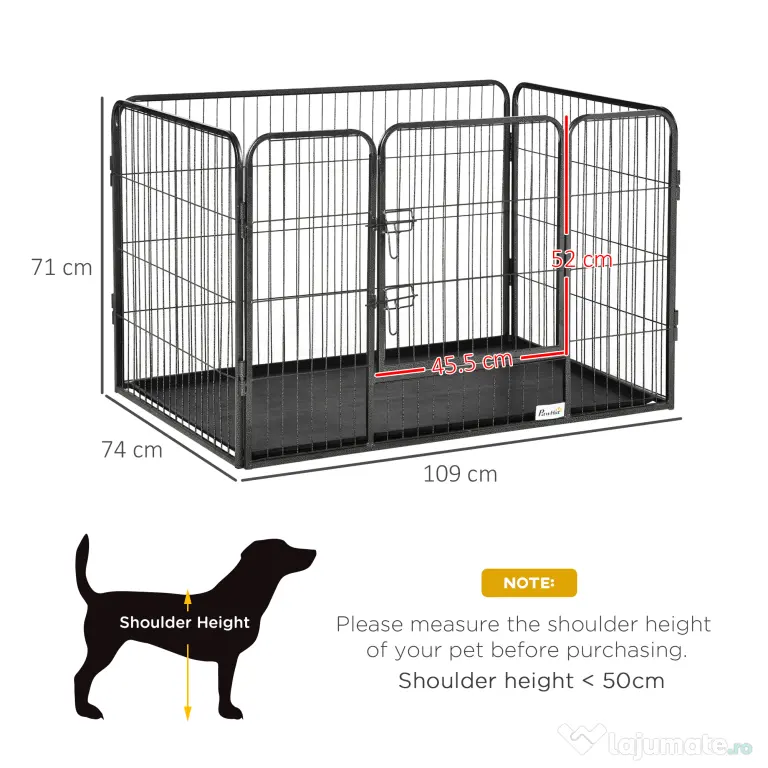 PawHut Tarc pentru Caini, Gard metalic pentru Animale cu 4 Panouri, Usa de blocare dubla si Tava Inferioara, 109x74x71cm, Gri | Aosom Romania