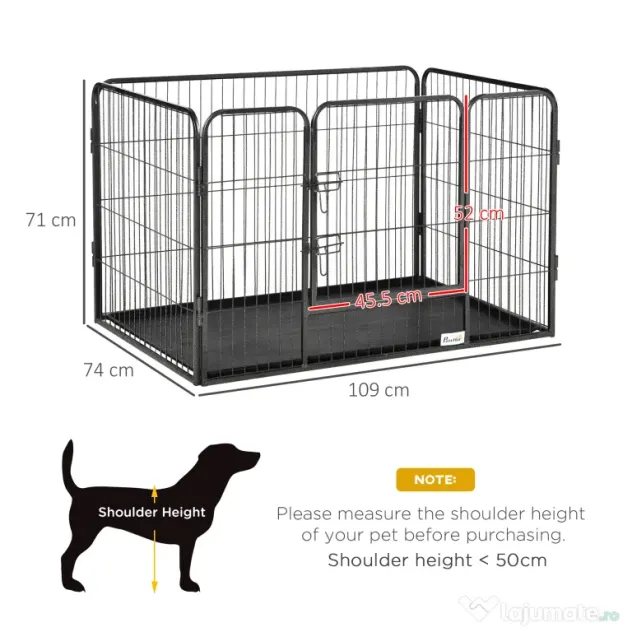 PawHut Tarc pentru Caini, Gard metalic pentru Animale cu 4 Panouri, Usa de blocare dubla si Tava Inferioara, 109x74x71cm, Gri | Aosom Romania