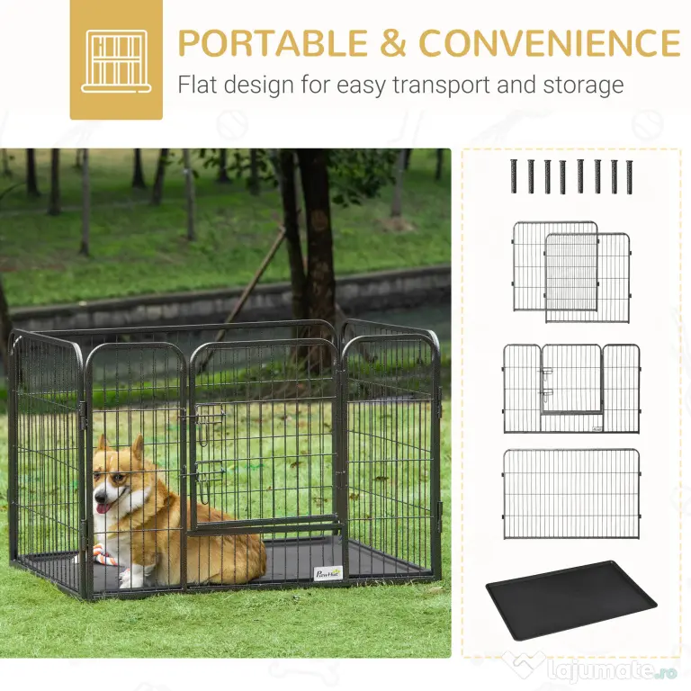 PawHut Tarc pentru Caini, Gard metalic pentru Animale cu 4 Panouri, Usa de blocare dubla si Tava Inferioara, 109x74x71cm, Gri | Aosom Romania