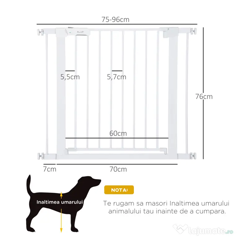 Poarta de siguranta pentru caini PawHut, 75-96cm, alb | Aosom Romania