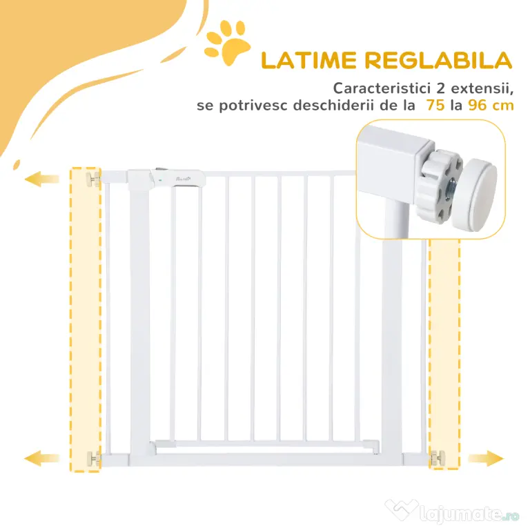 Poarta de siguranta pentru caini PawHut, 75-96cm, alb | Aosom Romania