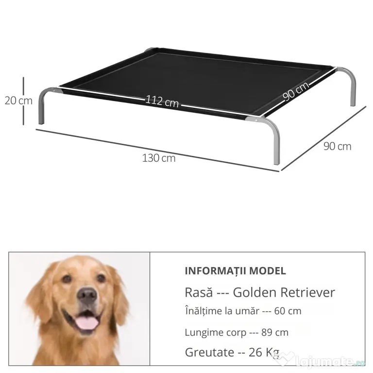 PawHut Saltea pliabila pentru caini, spatii interioare si exterioare, material care permite trecerea aerului, 130x90x20cm, pana la 32kg