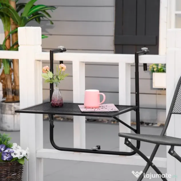 Outsunny Masă Pliabilă pentru Balustradă sau Balcon, din Metal, Reglabilă în Înălțime, 60x60x57-72cm, Negru | Aosom Romania