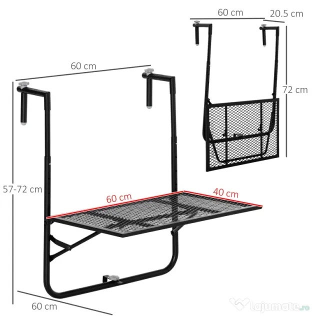 Outsunny Masă Pliabilă pentru Balustradă sau Balcon, din Metal, Reglabilă în Înălțime, 60x60x57-72cm, Negru | Aosom Romania