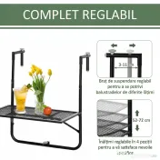 Outsunny Masă Pliabilă pentru Balustradă sau Balcon, din Metal, Reglabilă în Înălțime, 60x60x57-72cm, Negru | Aosom Romania 