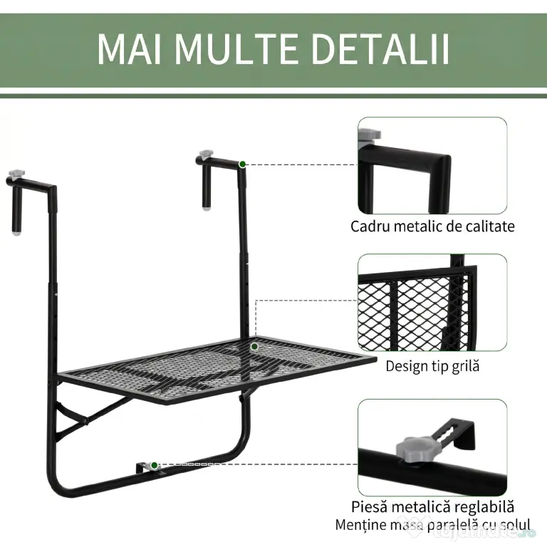 Outsunny Masă Pliabilă pentru Balustradă sau Balcon, din Metal, Reglabilă în Înălțime, 60x60x57-72cm, Negru | Aosom Romania