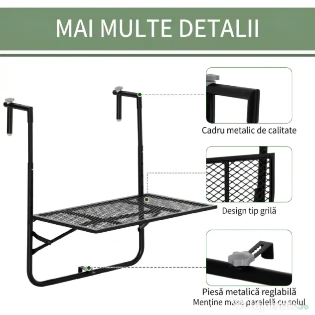 Outsunny Masă Pliabilă pentru Balustradă sau Balcon, din Metal, Reglabilă în Înălțime, 60x60x57-72cm, Negru | Aosom Romania