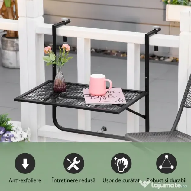 Outsunny Masă Pliabilă pentru Balustradă sau Balcon, din Metal, Reglabilă în Înălțime, 60x60x57-72cm, Negru | Aosom Romania
