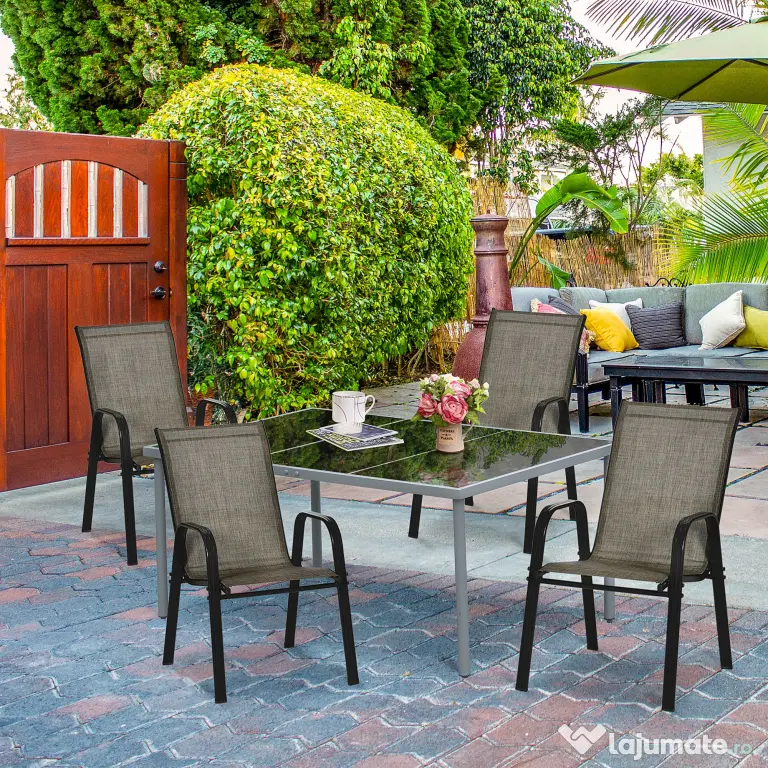 Outsunny Set 4 Piese Scaune de Gradina cu Cotiere, Scaune de Exterior Stivuibile din Metal si Tesatura Respirabila, Maro