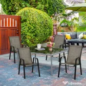 Outsunny Set 4 Piese Scaune de Gradina cu Cotiere, Scaune de Exterior Stivuibile din Metal si Tesatura Respirabila, Maro