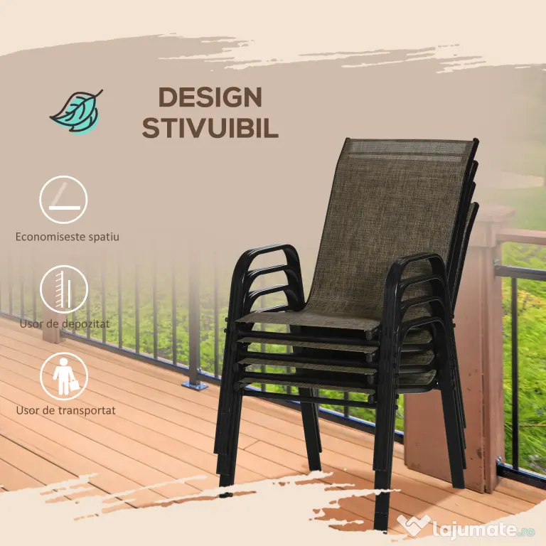 Outsunny Set 4 Piese Scaune de Gradina cu Cotiere, Scaune de Exterior Stivuibile din Metal si Tesatura Respirabila, Maro