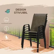 Outsunny Set 4 Piese Scaune de Gradina cu Cotiere, Scaune de Exterior Stivuibile din Metal si Tesatura Respirabila, Maro