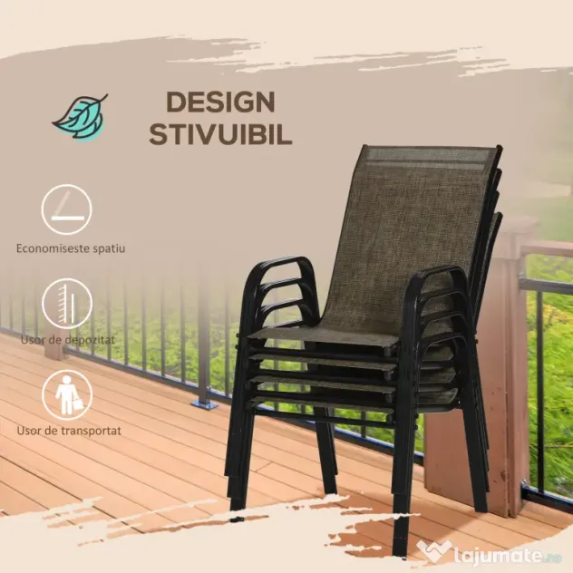 Outsunny Set 4 Piese Scaune de Gradina cu Cotiere, Scaune de Exterior Stivuibile din Metal si Tesatura Respirabila, Maro