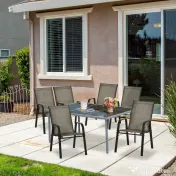 Outsunny Set 4 Piese Scaune de Gradina cu Cotiere, Scaune de Exterior Stivuibile din Metal si Tesatura Respirabila, Maro