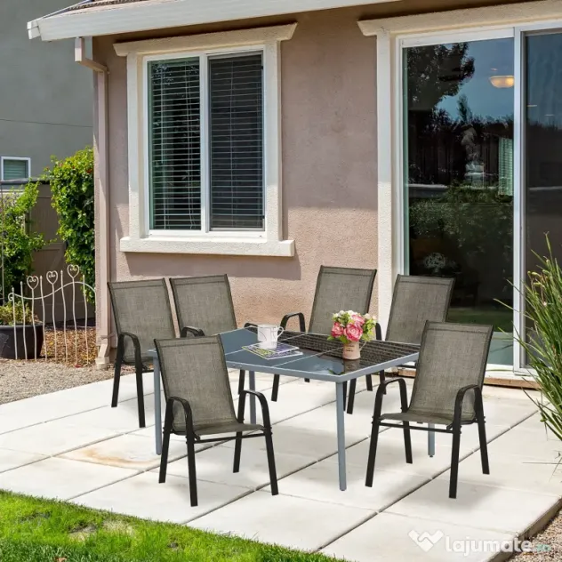 Outsunny Set 4 Piese Scaune de Gradina cu Cotiere, Scaune de Exterior Stivuibile din Metal si Tesatura Respirabila, Maro