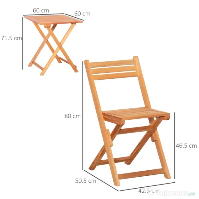Outsunny Set Mobilier de Grădina din Lemn de Teak, 3 Piese, Masa și Scaune Pliabile, Rezistent la Intemperii, Design Natural | Aosom Romania