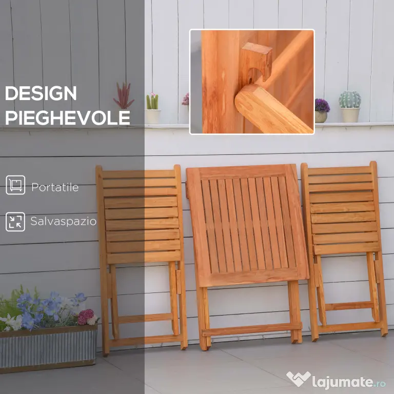 Outsunny Set Mobilier de Grădina din Lemn de Teak, 3 Piese, Masa și Scaune Pliabile, Rezistent la Intemperii, Design Natural | Aosom Romania