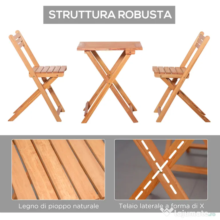 Outsunny Set Mobilier de Grădina din Lemn de Teak, 3 Piese, Masa și Scaune Pliabile, Rezistent la Intemperii, Design Natural | Aosom Romania