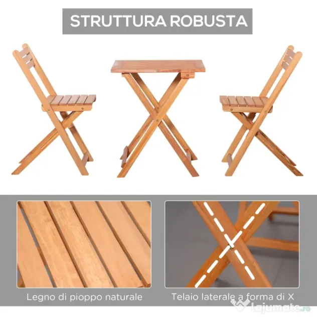 Outsunny Set Mobilier de Grădina din Lemn de Teak, 3 Piese, Masa și Scaune Pliabile, Rezistent la Intemperii, Design Natural | Aosom Romania