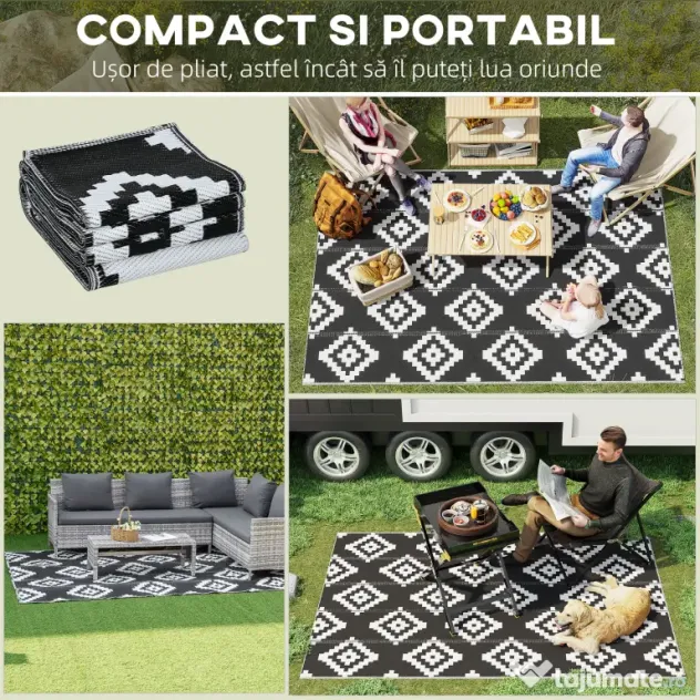 Outsunny Covor de Exterior Rezistent la Raze UV, 182x274 cm, Negru și Alb | Aosom Romania