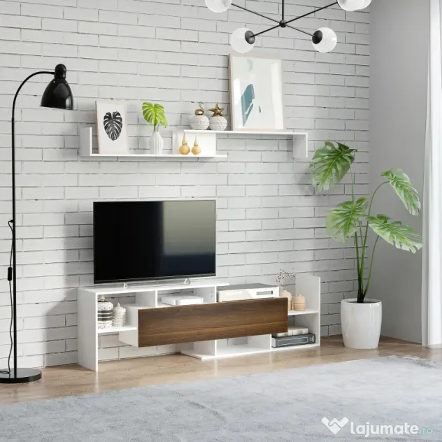 HOMCOM Dulap TV cu Poliță de Perete, Rafturi Deschise și Dulap Închis pentru Sufragerie și Dormitor, 153,6x25x42 cm, Alb | Aosom Romania