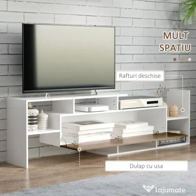 HOMCOM Dulap TV cu Poliță de Perete, Rafturi Deschise și Dulap Închis pentru Sufragerie și Dormitor, 153,6x25x42 cm, Alb | Aosom Romania