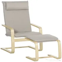 Fotoliu Relax cu suport pentru picioare, fotoliu din lemn si tesatura cu efect de in cu perna pentru tetiera, 67x69x100cm, gri HOMCOM | Aosom Romania