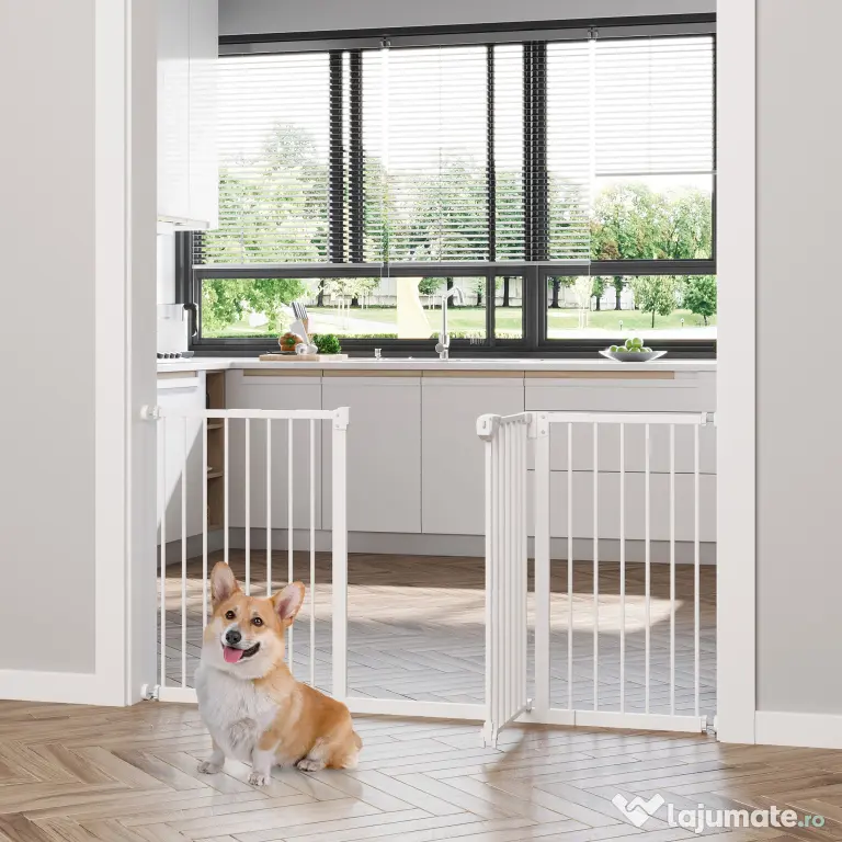 PawHut Porțiță pentru Câini și Animale de Companie cu 3 Extensii, Lățime Reglabilă, 74-147.5x76.2 cm, Alb | Aosom Romania