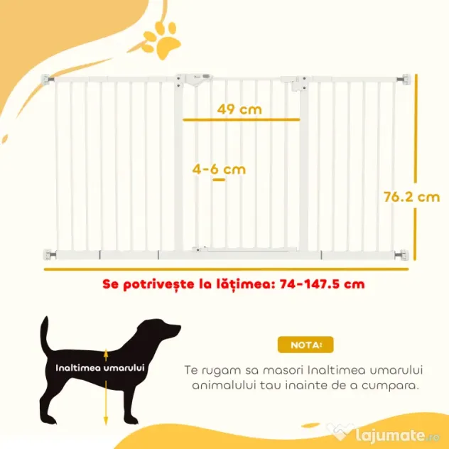 PawHut Porțiță pentru Câini și Animale de Companie cu 3 Extensii, Lățime Reglabilă, 74-147.5x76.2 cm, Alb | Aosom Romania