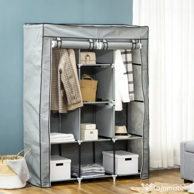 HOMCOM Dulap Economisire Spațiu cu Bază Înalțată, 8 Rafturi și 2 Bare, din Material Netesut și Oțel, Gri Deschis | Aosom Romania
