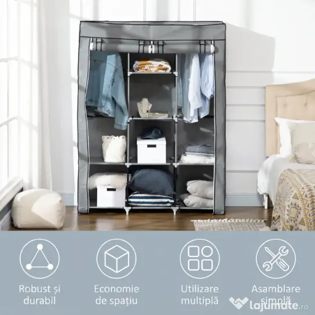 HOMCOM Dulap Economisire Spațiu cu Bază Înalțată, 8 Rafturi și 2 Bare, din Material Netesut și Oțel, Gri Deschis | Aosom Romania