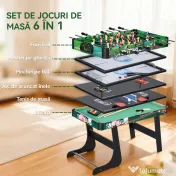 HOMCOM Masă de Joc 6 în 1 cu Fotbal de Masă, Biliard, Air Hockey, Ping Pong, Inele și Hochei pe Iarbă, 118x104x71 cm 