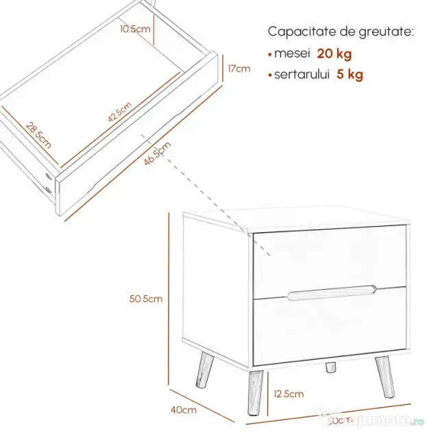 HOMCOM Noptieră Modernă cu 2 Sertare Masă Laterală Picioare Lemn Masiv pentru Dormitor sau Living 50x40x50.5cm | Aosom Romania