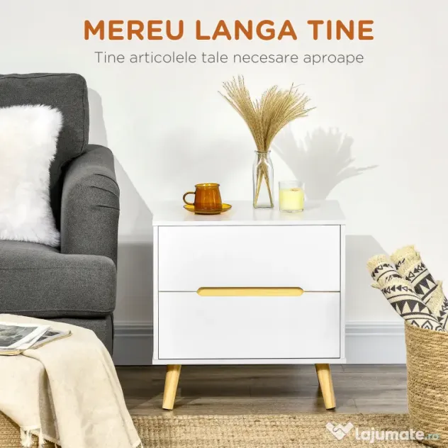 HOMCOM Noptieră Modernă cu 2 Sertare Masă Laterală Picioare Lemn Masiv pentru Dormitor sau Living 50x40x50.5cm | Aosom Romania