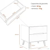 HOMCOM Noptiera moderna , noptiera cu 2 sertare, masuta laterala cu picioare din lemn masiv pentru living, dormitor, alb 