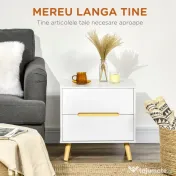 HOMCOM Noptiera moderna , noptiera cu 2 sertare, masuta laterala cu picioare din lemn masiv pentru living, dormitor, alb 