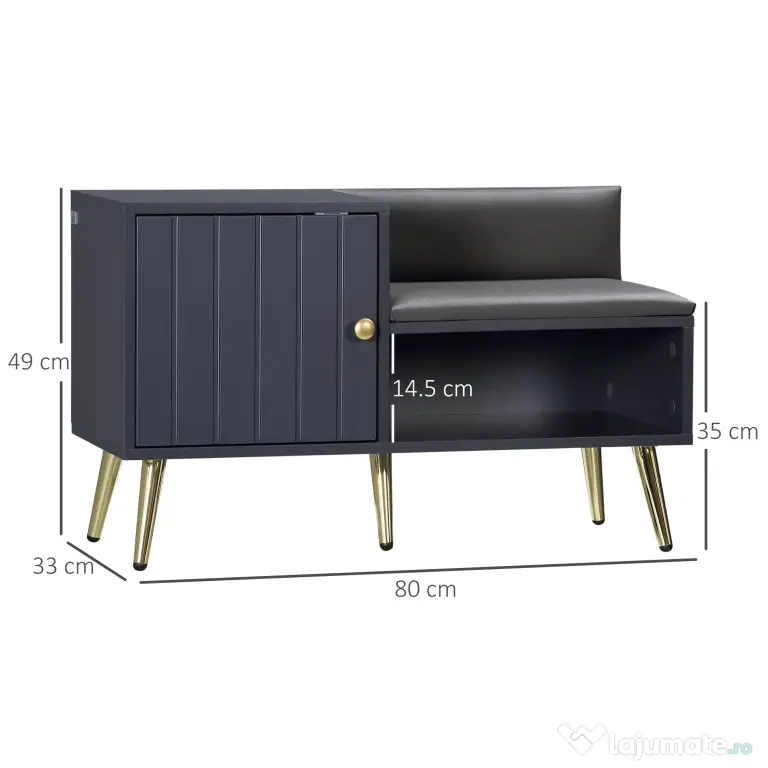 HOMCOM Dulap de Intrare pentru Pantofi cu Scaun Căptușit, Raft Deschis și Dulap, pentru 4 Perechi de Pantofi, 80x33x49 cm, Gri | Aosom Romania