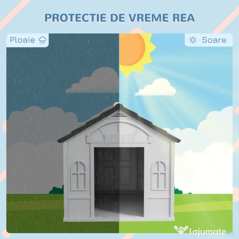 PawHut Cușcă pentru Câini din PP Impermeabil cu Acoperiș Inclinat și Ușă de Intrare, 65x75.7x63 cm, Gri | Aosom Romania