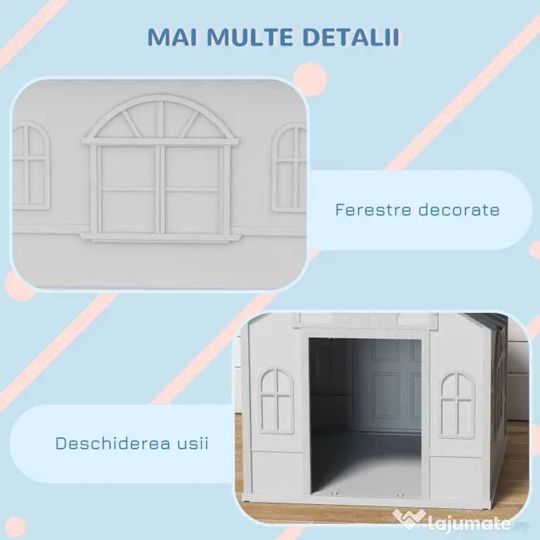 PawHut Cușcă pentru Câini din PP Impermeabil cu Acoperiș Inclinat și Ușă de Intrare, 65x75.7x63 cm, Gri | Aosom Romania