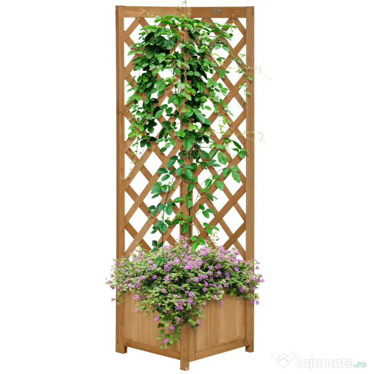 Outsunny Jardiniera de gradina din lemn de brad maro cu grila pentru plante cataratoare, 40x40x145cm