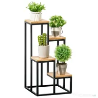 Outsunny Raft pentru Plante cu 4 niveluri din Metal și Lemn de Brad pentru Interior și Exterior, 34x34x66 cm, Natural | Aosom Romania 